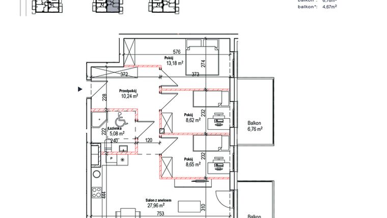 Rzut - Mieszkanie na sprzedaż 4 pokoje o powierzchni 73,73 m² - numer 18A w Łowicka 25
