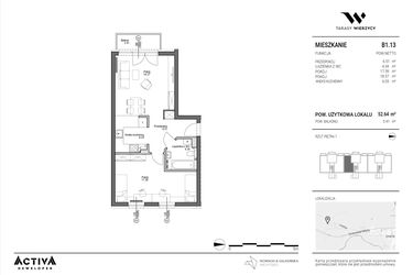 Rzut - Mieszkanie na sprzedaż 2 pokoje o powierzchni 52,64 m² - numer B1.13 w Tarasy Wierzycy