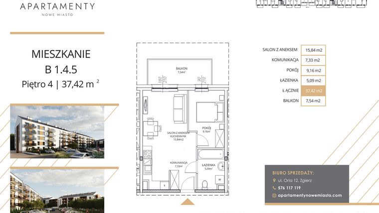 Rzut - Mieszkanie na sprzedaż 2 pokoje o powierzchni 37,42 m² - numer B1.4.5 w Apartamenty Nowe Miasto