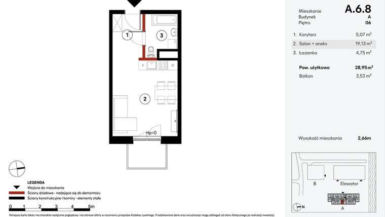Rzut - Mieszkanie na sprzedaż 1 pokój o powierzchni 28,95 m² - numer A.6.8 w Elewator - Mieszkania i Lofty