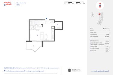Rzut - Mieszkanie na sprzedaż 1 pokój o powierzchni 37,33 m² - numer C1.9.1 w Mieszkaj w mieście - przy Bonarce
