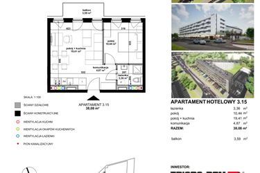 Rzut - Mieszkanie na sprzedaż 2 pokoje o powierzchni 38 m² - numer 3.15 w Apartamentowiec Zwycięska 3 - inwestycyjne