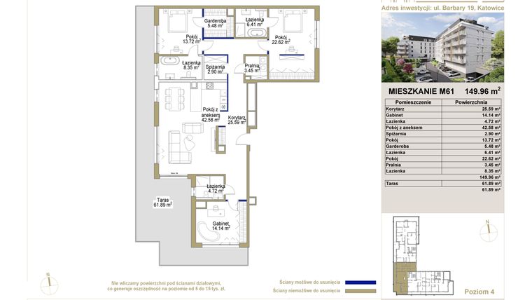 Rzut - Mieszkanie na sprzedaż 4 pokoje o powierzchni 149,96 m² - numer 61 w Barbary 19