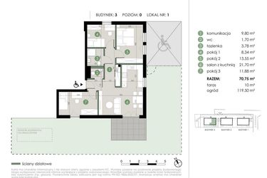 Rzut - Mieszkanie na sprzedaż 4 pokoje o powierzchni 70,75 m² - numer 3.1. w Osiedle Kwiatowa