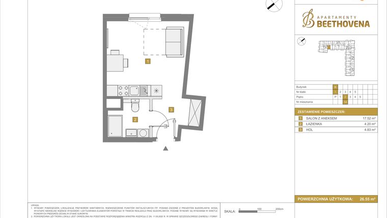 Rzut - Mieszkanie na sprzedaż 1 pokój o powierzchni 26,55 m² - numer B14 w Apartamenty Beethovena