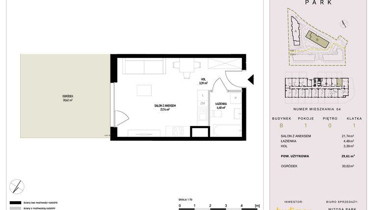 Rzut - Mieszkanie na sprzedaż 1 pokój o powierzchni 29,61 m² - numer B4 w Witosa Park