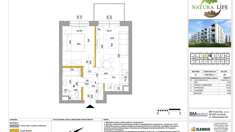 Rzut - Mieszkanie na sprzedaż 2 pokoje o powierzchni 35,96 m² - numer H.49 w Osiedle Natura Life budynki GHI