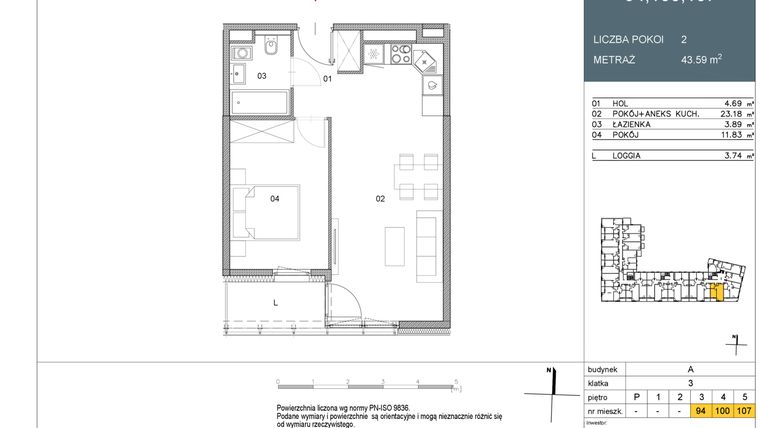 Rzut - Mieszkanie na sprzedaż 2 pokoje o powierzchni 43,59 m² - numer 94 w Morwowa 5