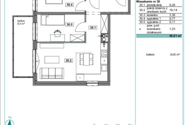 Rzut - Mieszkanie na sprzedaż 3 pokoje o powierzchni 51,02 m² - numer E.30 w Osiedle Kościuszki