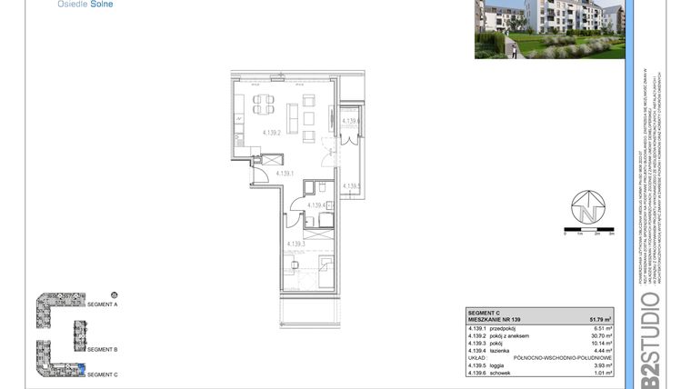 Rzut - Mieszkanie na sprzedaż 2 pokoje o powierzchni 51,79 m² - numer 139 w Osiedle Solne etap II