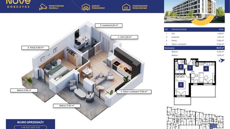 Rzut - Mieszkanie na sprzedaż 2 pokoje o powierzchni 39,15 m² - numer M17 w Nove Dobczyce