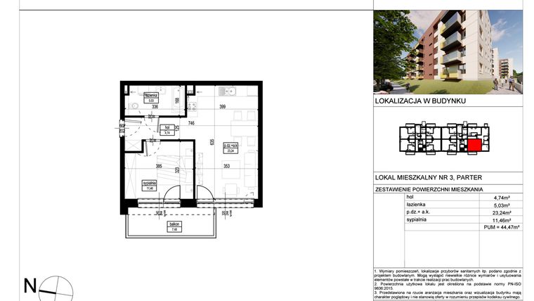 Rzut - Mieszkanie na sprzedaż 2 pokoje o powierzchni 44,47 m² - numer A.3 w Wólczańska 248 - etap II