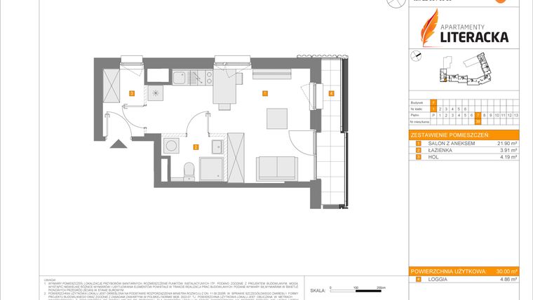 Rzut - Mieszkanie na sprzedaż 1 pokój o powierzchni 30 m² - numer F.39 w Apartamenty Literacka etap 2.3
