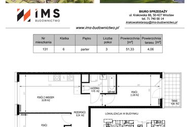 Rzut - Mieszkanie na sprzedaż 3 pokoje o powierzchni 51,23 m² - numer 131 w Krakowskie Tarasy etap V