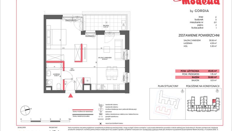 Rzut - Mieszkanie na sprzedaż 1 pokój o powierzchni 49,45 m² - numer A.017 w Modena II