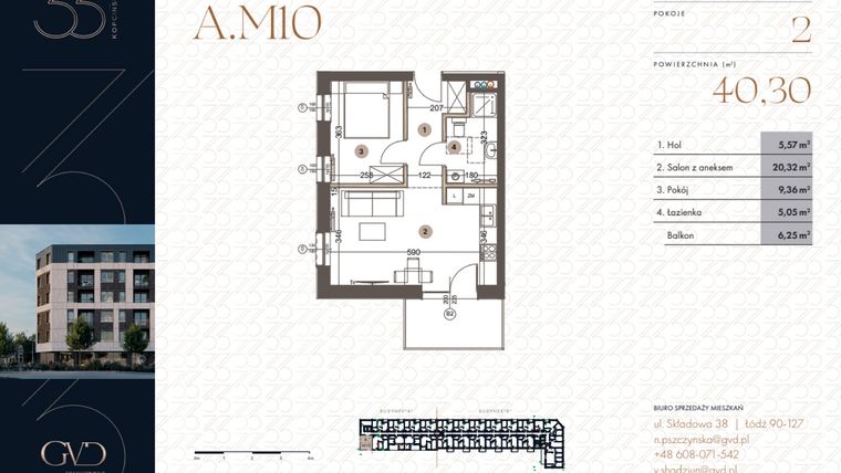 Rzut - Mieszkanie na sprzedaż 2 pokoje o powierzchni 40,3 m² - numer A.M10 w Kopcińskiego 33