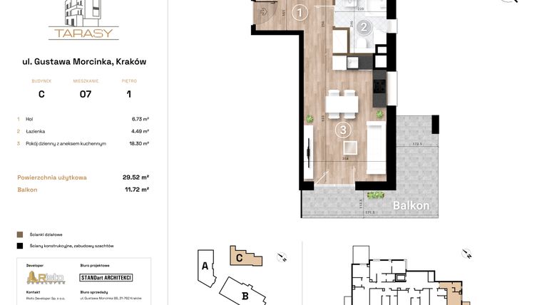 Rzut - Mieszkanie na sprzedaż 1 pokój o powierzchni 29,52 m² - numer C7 w Krzesławickie Tarasy