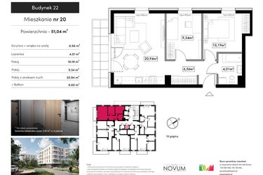 Rzut - Mieszkanie na sprzedaż 3 pokoje o powierzchni 51,04 m² - numer B22.M20 w Novum Rumia - bud. 22