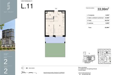 Rzut - Mieszkanie na sprzedaż 2 pokoje o powierzchni 33,99 m² - numer L11 w Sky Trust etap II - apartamenty inwestycyjne 23% VAT PRS