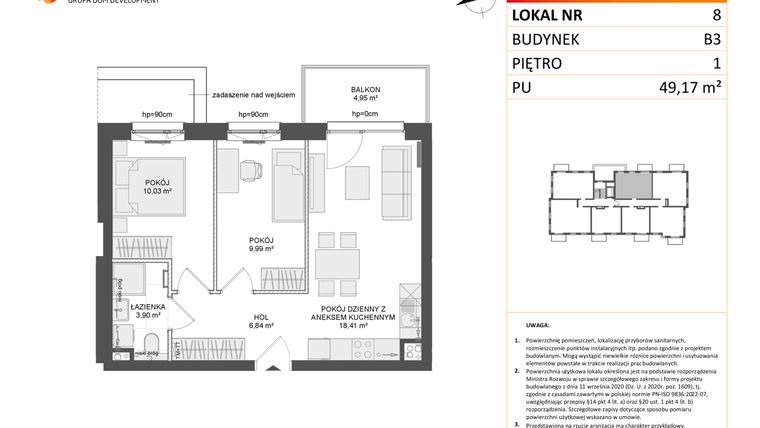 Rzut - Mieszkanie na sprzedaż 3 pokoje o powierzchni 49,17 m² - numer B3.8 w Osiedle Przy Błoniach 3 etap III