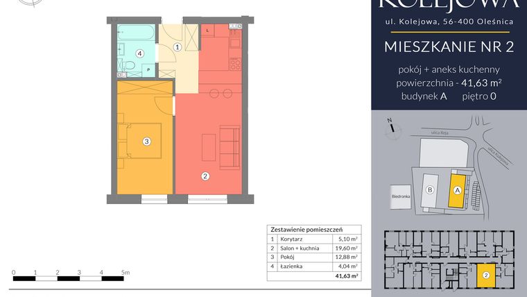 Rzut - Mieszkanie na sprzedaż 2 pokoje o powierzchni 41,63 m² - numer A.2 w Osiedle Kolejowa