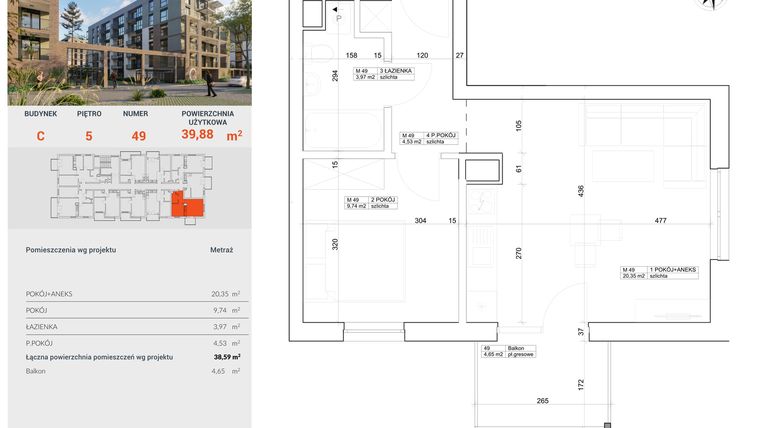 Rzut - Mieszkanie na sprzedaż 2 pokoje o powierzchni 39,88 m² - numer C.49 w Industria etap C i D