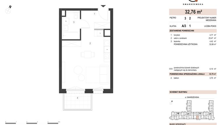 Rzut - Mieszkanie na sprzedaż 1 pokój o powierzchni 32,76 m² - numer A/3/3.2 w Smardzewska 8
