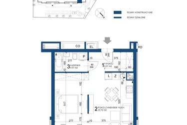 Rzut - Mieszkanie na sprzedaż 1 pokój o powierzchni 44,36 m² - numer 86 w Bursztynowy Dom