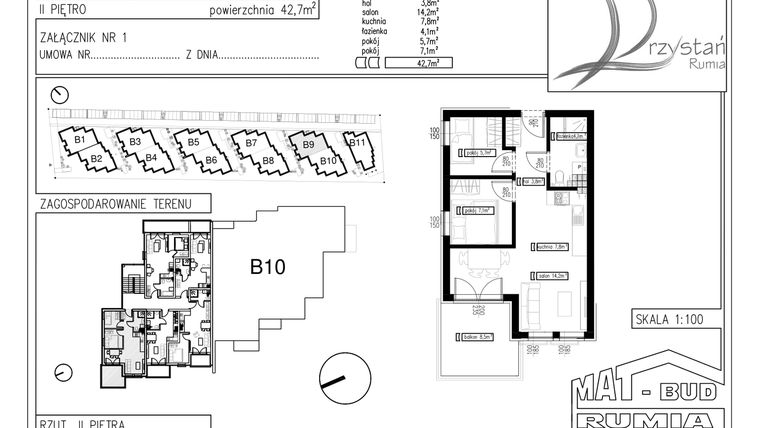 Rzut - Mieszkanie na sprzedaż 3 pokoje o powierzchni 42,7 m² - numer B9M8 w Przystań Rumia