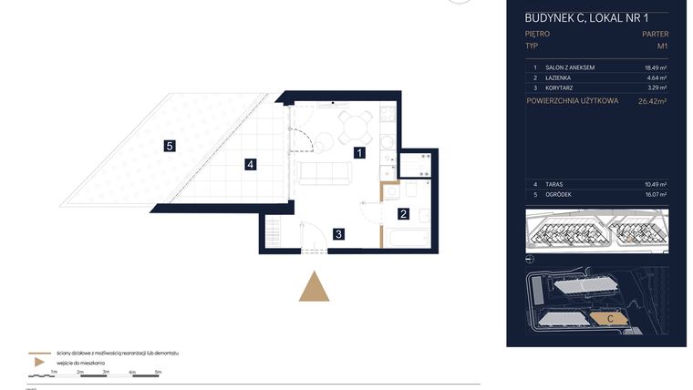 Rzut - Mieszkanie na sprzedaż 1 pokój o powierzchni 26,42 m² - numer C1 w Rezydencja Zegrze etap III