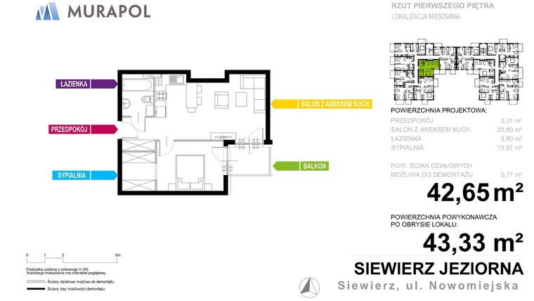 Rzut - Mieszkanie na sprzedaż 2 pokoje o powierzchni 42,65 m² - numer 12.A.1.2 w Murapol Siewierz Jeziorna