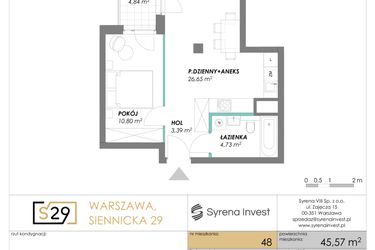 Rzut - Mieszkanie na sprzedaż 2 pokoje o powierzchni 45,57 m² - numer 48 w Siennicka 29