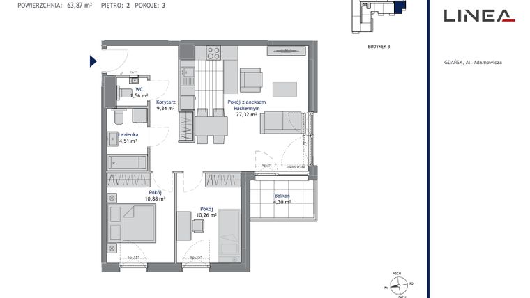 Rzut - Mieszkanie na sprzedaż 3 pokoje o powierzchni 63,87 m² - numer B.2.7 w Linea