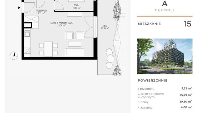 Rzut - Mieszkanie na sprzedaż 2 pokoje o powierzchni 45,59 m² - numer 15 w Semiramis