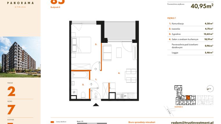 Rzut - Mieszkanie na sprzedaż 2 pokoje o powierzchni 41,91 m² - numer E85 w Panorama Struga