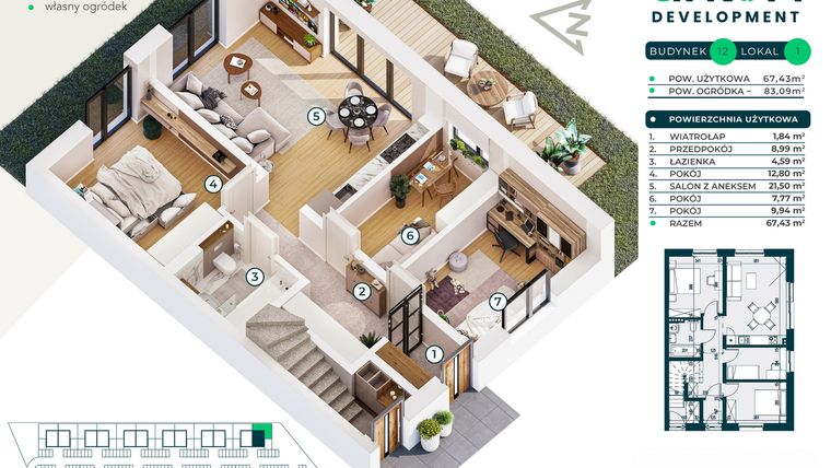 Rzut - Mieszkanie na sprzedaż 4 pokoje o powierzchni 67,46 m² - numer 12/1 w Nova Jurajska
