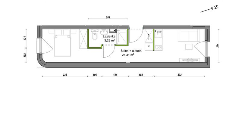 Rzut - Mieszkanie na sprzedaż 1 pokój o powierzchni 28,59 m² - numer E1/B/04 w Orawska Vita