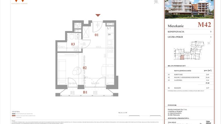 Rzut - Mieszkanie na sprzedaż 1 pokój o powierzchni 27,49 m² - numer M42 w Warszawskie Wzgórze