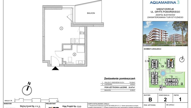 Rzut - Mieszkanie na sprzedaż 1 pokój o powierzchni 24,47 m² - numer B2.05 w Aquamarina 3