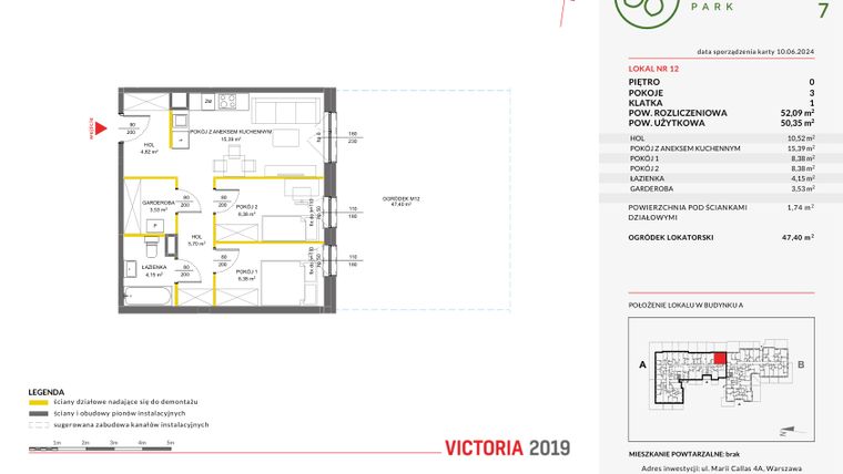 Rzut - Mieszkanie na sprzedaż 3 pokoje o powierzchni 52,09 m² - numer 12 w Olchowy Park VII