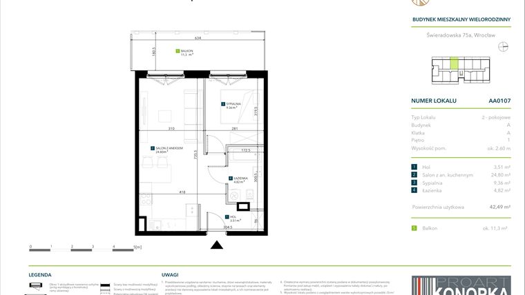 Rzut - Mieszkanie na sprzedaż 2 pokoje o powierzchni 42,49 m² - numer AA0107 w Vivre