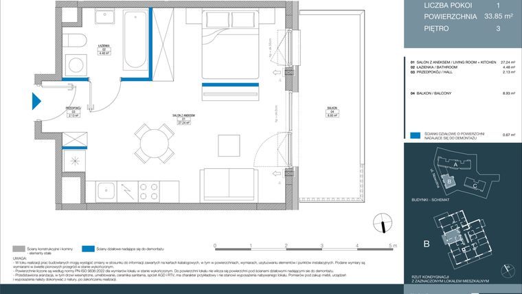 Rzut - Mieszkanie na sprzedaż 1 pokój o powierzchni 33,84 m² - numer B.1.4.5 w Meri Apartamenty