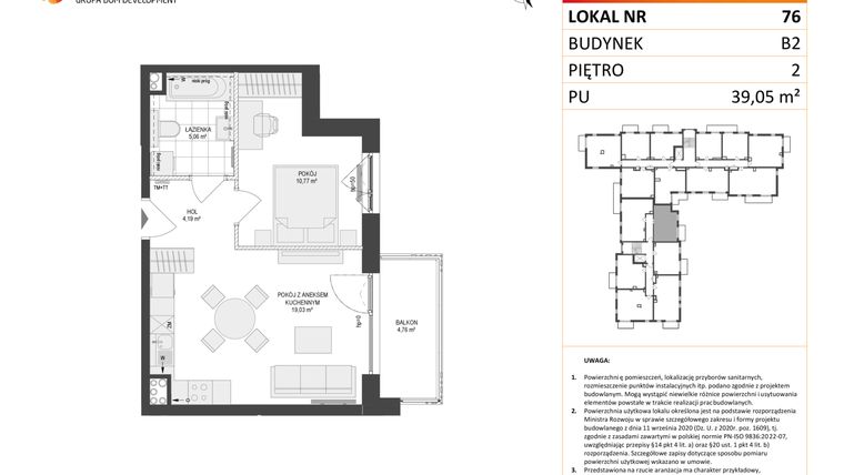Rzut - Mieszkanie na sprzedaż 2 pokoje o powierzchni 39,05 m² - numer 76 w Locus 2 bud. B2
