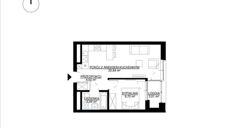 Rzut - Mieszkanie na sprzedaż 2 pokoje o powierzchni 41,03 m² - numer M14 w KrakoVska etap 2