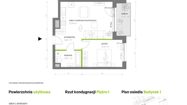 Rzut - Mieszkanie na sprzedaż 2 pokoje o powierzchni 47,82 m² - numer 1.01.M16 w Morska Vita
