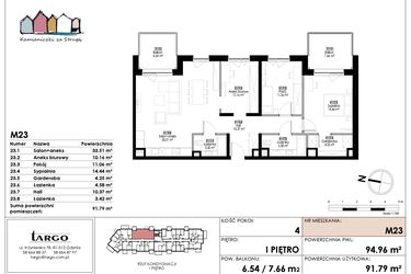 Rzut - Mieszkanie na sprzedaż 4 pokoje o powierzchni 91,79 m² - numer M23 w Kamieniczki za Strugą
