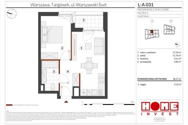 Rzut - Mieszkanie na sprzedaż 2 pokoje o powierzchni 38,57 m² - numer WS-L-A031 w Warszawski Świt etap XII