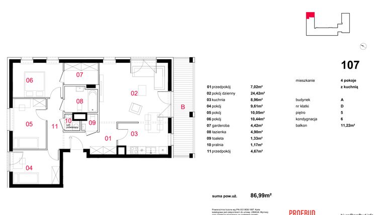 Rzut - Mieszkanie na sprzedaż 4 pokoje o powierzchni 86,99 m² - numer A-107 w Haven House