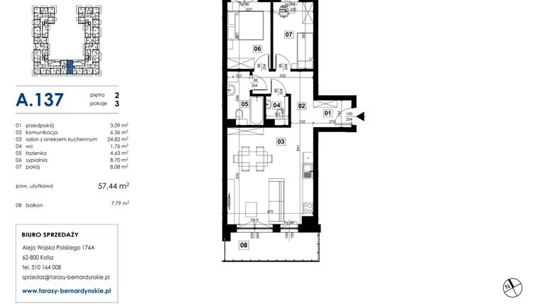 Rzut - Mieszkanie na sprzedaż 3 pokoje o powierzchni 57,44 m² - numer A.137 w Tarasy Bernardyńskie