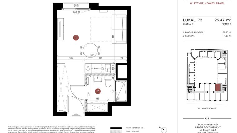 Rzut - Mieszkanie na sprzedaż 1 pokój o powierzchni 25,26 m² - numer A-KL-B.72 w Konopacka